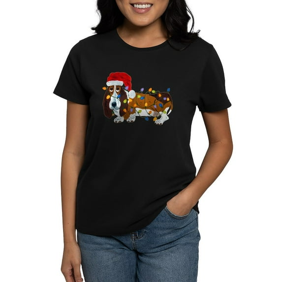 CafePress - Basset Tangled In Christmas Lights T Shirt - Women's Traditional Fit Dark T-Shirt