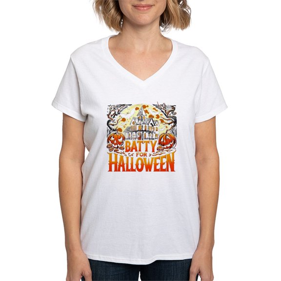 CafePress - Batty For Halloween Women's V Neck T Shirt - Womens Cotton V-Neck T-shirt