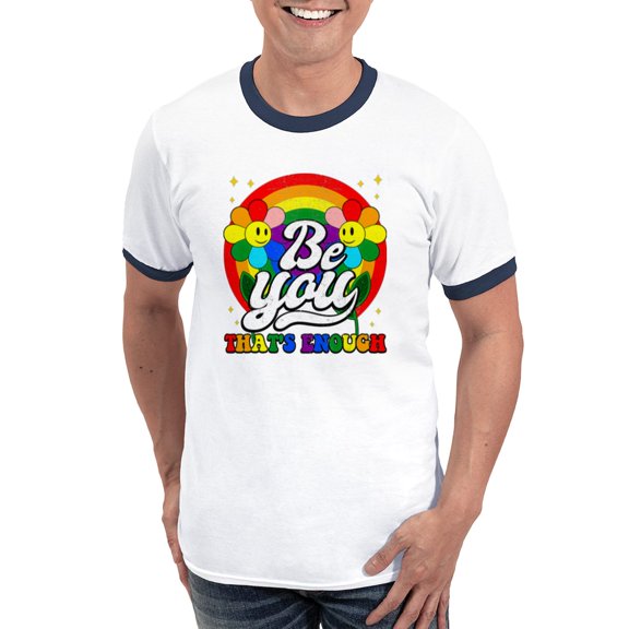 CafePress - Be You Pride Lgbtq Gay Lgbt Ally Rainbow Retro Vi Men's Ringer T Shirt - 100% Cotton Ringed T-Shirt
