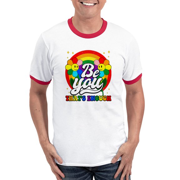 CafePress - Be You Pride Lgbtq Gay Lgbt Ally Rainbow Retro Vi Men's Ringer T Shirt - 100% Cotton Ringed T-Shirt