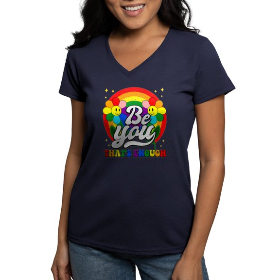 CafePress - Be You Pride Lgbtq Gay Lgbt Ally Rainbow Retro Vi Women's V Neck T Shirt - Women's V-Neck Dark T-Shirt