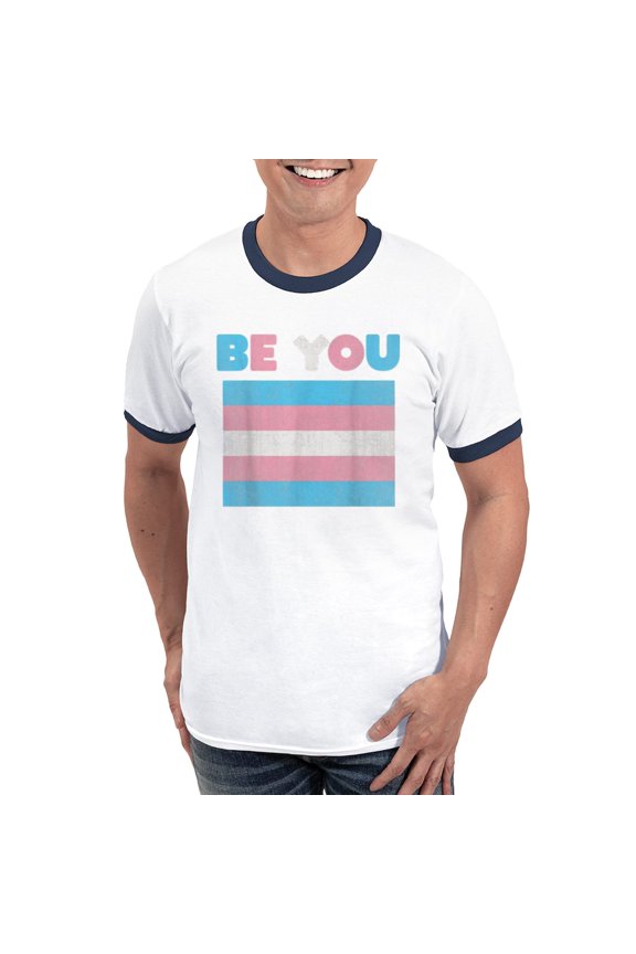 - Be You Transgender Flag LGBTQ Pride Month Vintage Men's Ringer T Shirt - 100% Cotton Ringed T-Shirt