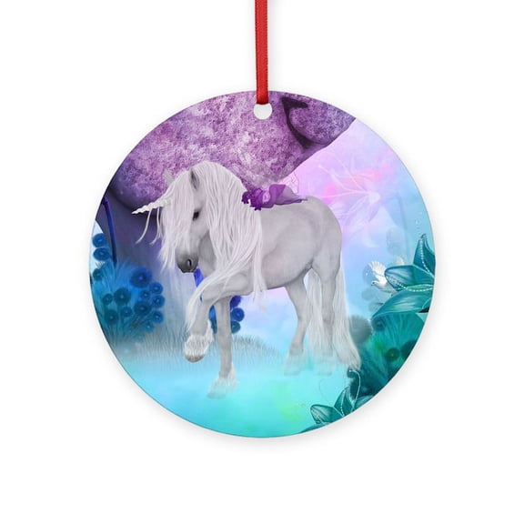 CafePress - Beautiful Unicorn With Cute Fairy In A Fantasy Wor - Round Wood Ornament 4"