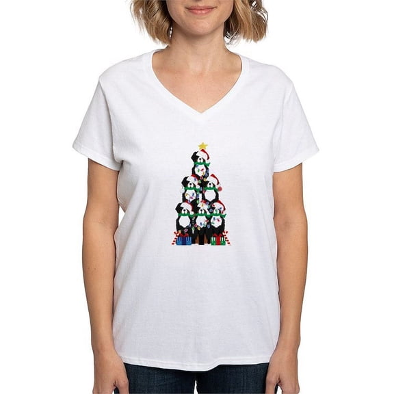 CafePress - Bernese Mt Dog Xmas Tree T Shirt - Womens Cotton V-Neck T-shirt