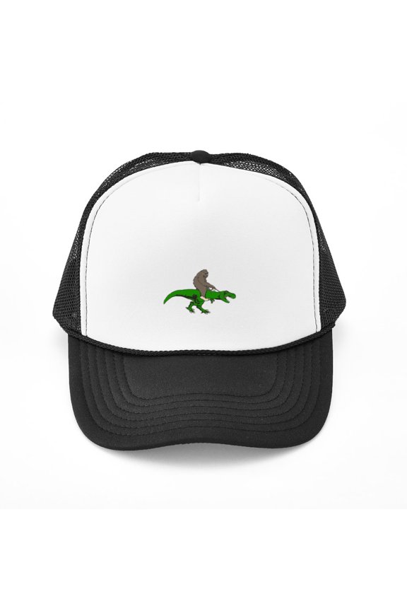 - Bigfoot Riding T Rex - Adjustable Unisex Printed Trucker Hat with Mesh Back