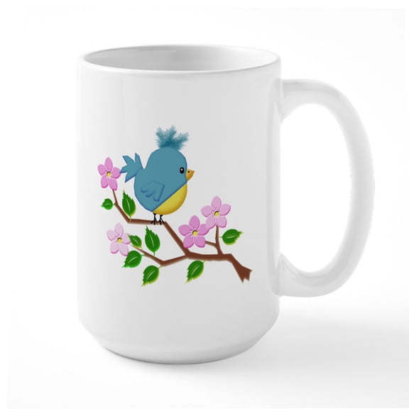 CafePress - Bird On Tree Limb With Spring Flowers Mugs - 15 oz Ceramic Large White Novelty Mug