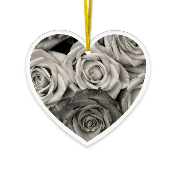 CafePress - Black And White Rose Bouquet Heart Ornament - Acrylic Heart Christmas Ornament