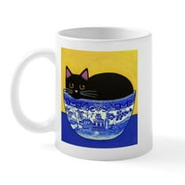 CafePress - Black CAT In Blue Willow Bowl Mug - 11 oz Ceramic Mug - Novelty Coffee Tea Cup