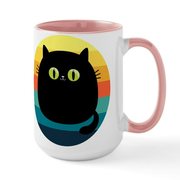 CafePress - Black Cat Retro Sunset Mugs - 15 oz Ceramic Large White Novelty Mug