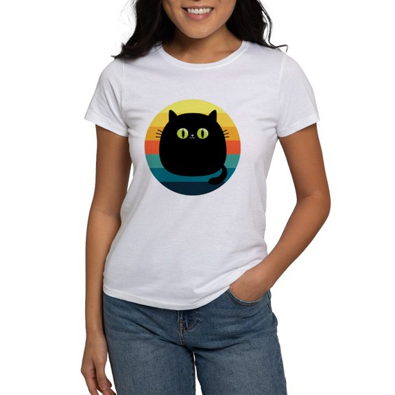 CafePress - Black Cat Retro Sunset T Shirt - Women's Classic T-Shirt