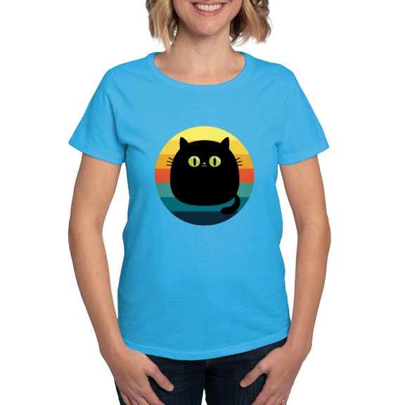 CafePress - Black Cat Retro Sunset T Shirt - Women's Traditional Fit Dark T-Shirt