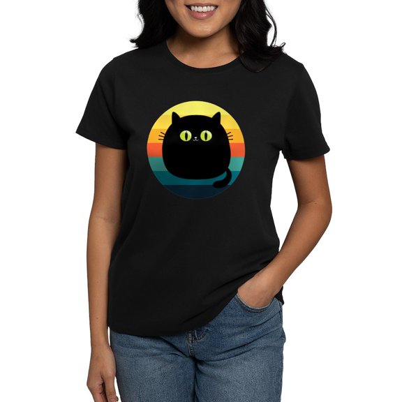 CafePress - Black Cat Retro Sunset T Shirt - Women's Traditional Fit Dark T-Shirt