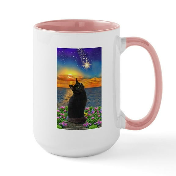 CafePress - Black Cat Star Gazing Mugs - 15 oz Ceramic Large White Novelty Mug