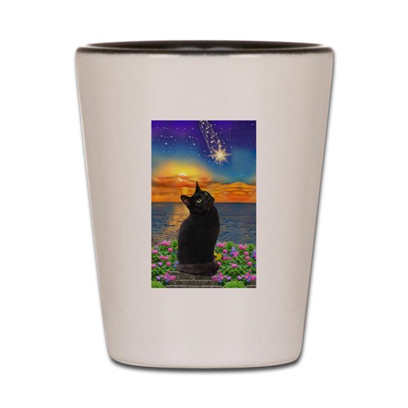 CafePress - Black Cat Star Gazing - White/Black Shot Glass, Unique and Funny Shot Glass