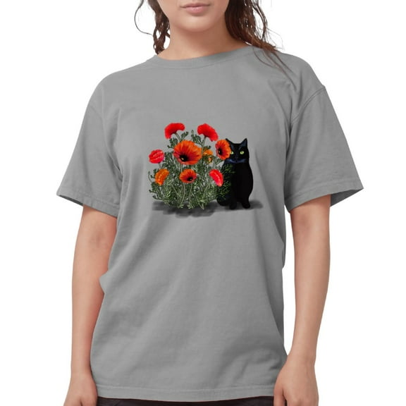 CafePress - Black Cat With Poppies T Shirt - Womens Comfort Colors® Shirt