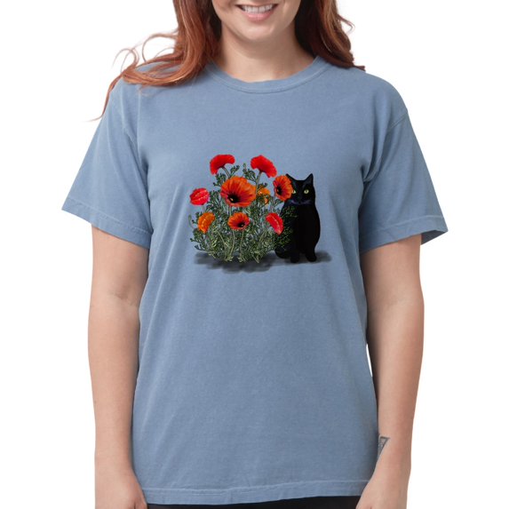 CafePress - Black Cat With Poppies T Shirt - Womens Comfort Colors® Shirt