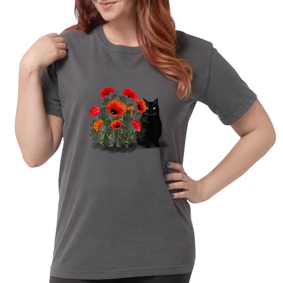 CafePress - Black Cat With Poppies T Shirt - Womens Comfort Colors® Shirt