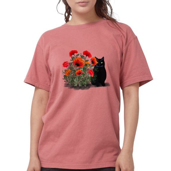 CafePress - Black Cat With Poppies T Shirt - Womens Comfort Colors® Shirt