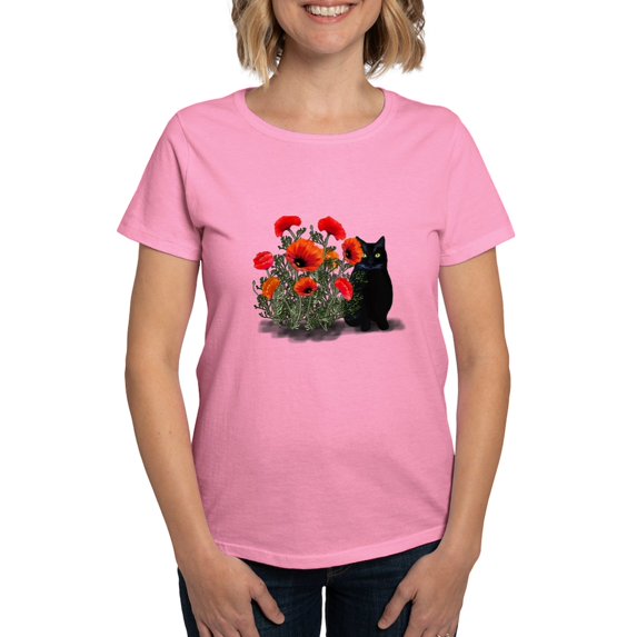 CafePress - Black Cat With Poppies Women's Dark T Shirt - Women's Traditional Fit Dark T-Shirt