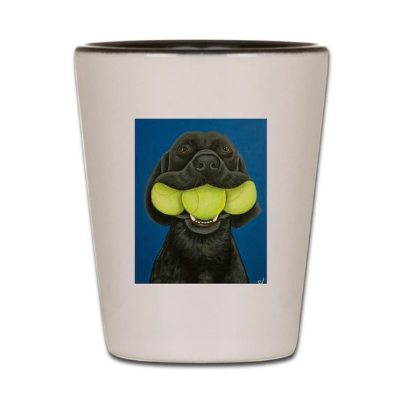 CafePress - Black Lab With 3 Tennis Balls - White/Black Shot Glass, Unique and Funny Shot Glass