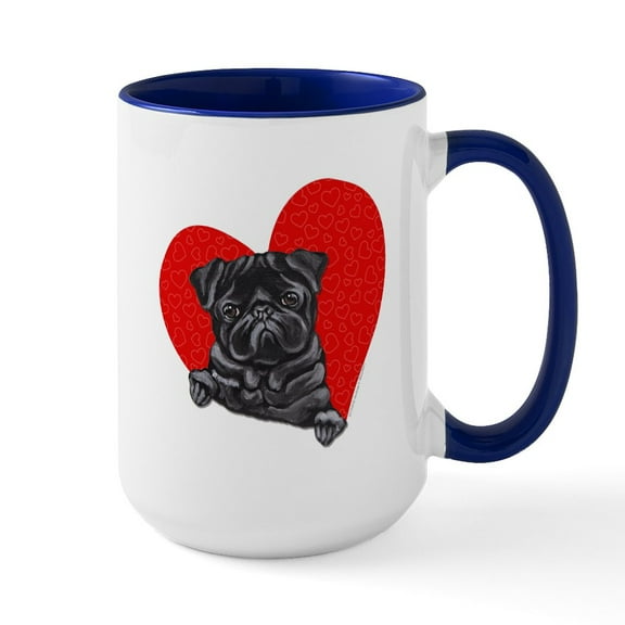 CafePress - Black Pug Heart Large Mug - 15 oz Ceramic Large White Nolvety Mug