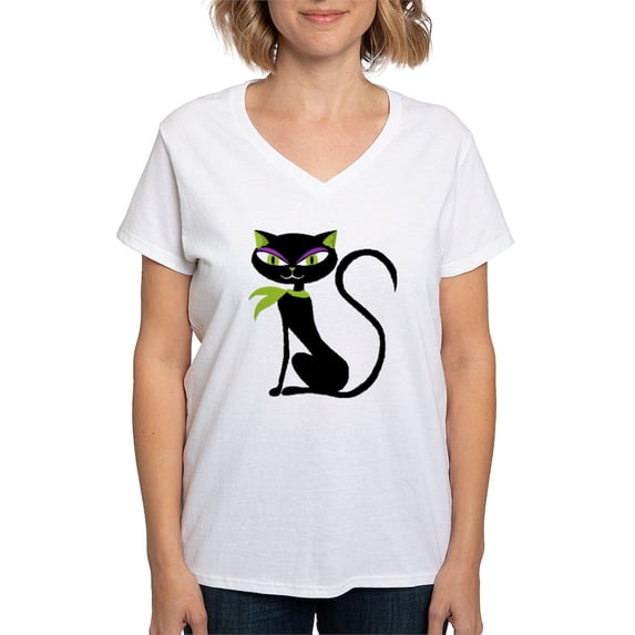 CafePress - Blackcat2 T Shirt - Womens Cotton V-Neck T-shirt