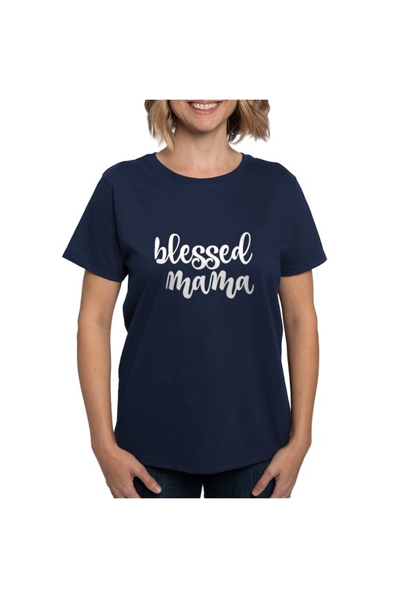 - Blessed Mama White Lettering T Shirt - Women's Traditional Fit Dark T-Shirt