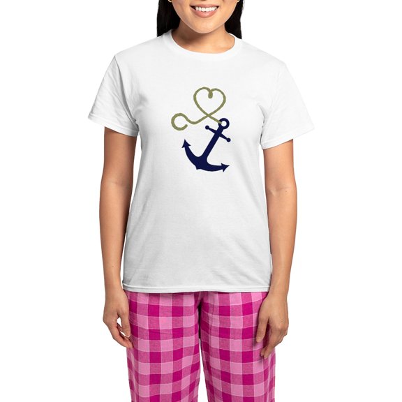 CafePress - Blue Anchor With Heart Rope Pajamas - Women's Short Sleeve Print T-Shirt and Pants Light Cotton Pajama Set