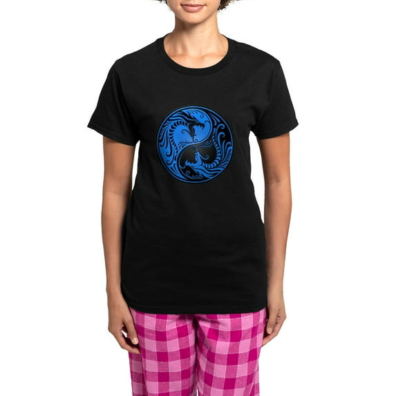 CafePress - Blue And Black Yin Yang Dragons Pajamas - Women's Short Sleeve Print T-Shirt and Pants Dark Cotton Pajama Set