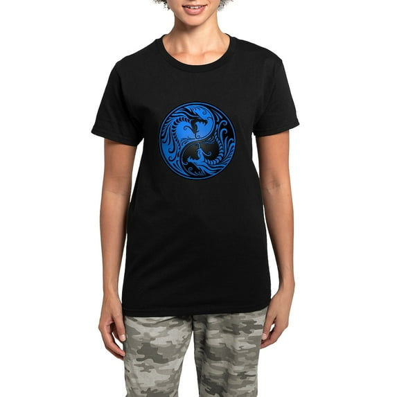 CafePress - Blue And Black Yin Yang Dragons Pajamas - Women's Short Sleeve Print T-Shirt and Pants Dark Cotton Pajama Set