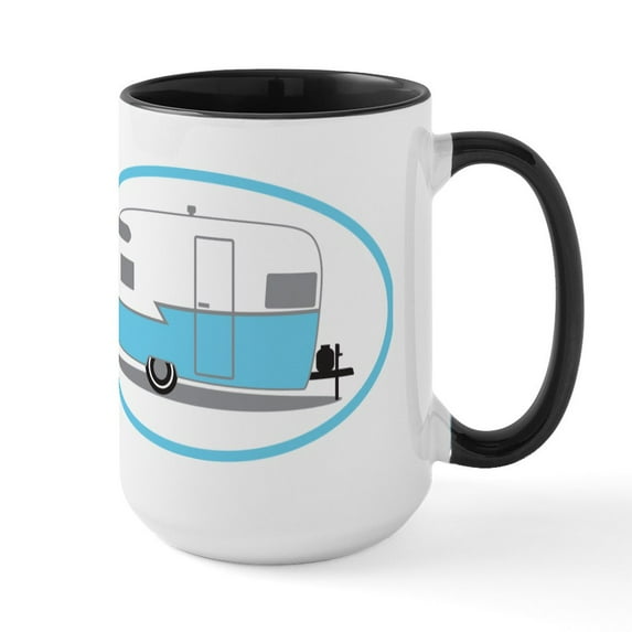 CafePress - Blue And White Vintage Shasta Travel Trailer 15 Oz - 15 oz Ceramic Large White Novelty Mug