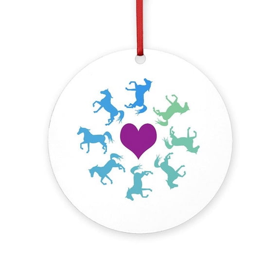 CafePress - Blue Circle Of Horses - Round Wood Ornament 4"