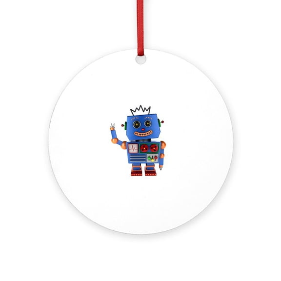 CafePress - Blue Toy Robot Waving Hello -  Round Wood Ornament 4"