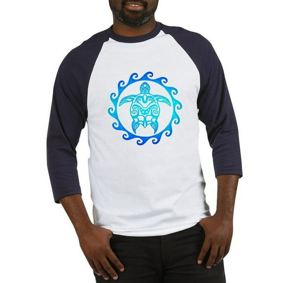 CafePress - Blue Tribal Turtle Sun Baseball Jersey - Cotton Baseball Jersey, 3/4 Raglan Sleeve Shirt