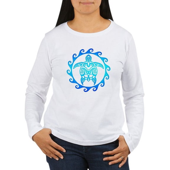 CafePress - Blue Tribal Turtle Sun Long Sleeve T Shirt - Women's Long Sleeve Graphic Casual T-Shirt