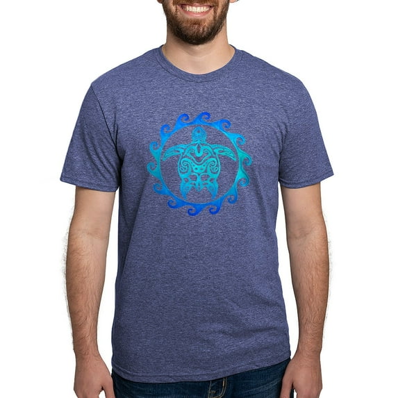 CafePress - Blue Tribal Turtle Sun Mens Tri Blend T Shirt - Mens Tri-blend T-Shirt