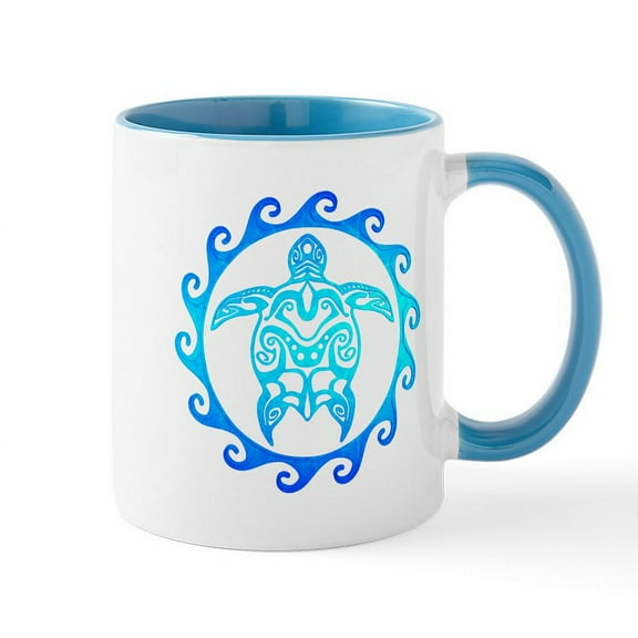 CafePress - Blue Tribal Turtle Sun Mugs - 11 oz Ceramic Mug - Novelty Coffee Tea Cup