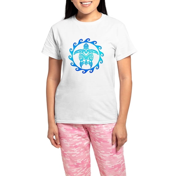 CafePress - Blue Tribal Turtle Sun Pajamas - Women's Short Sleeve Print T-Shirt and Pants Light Cotton Pajama Set