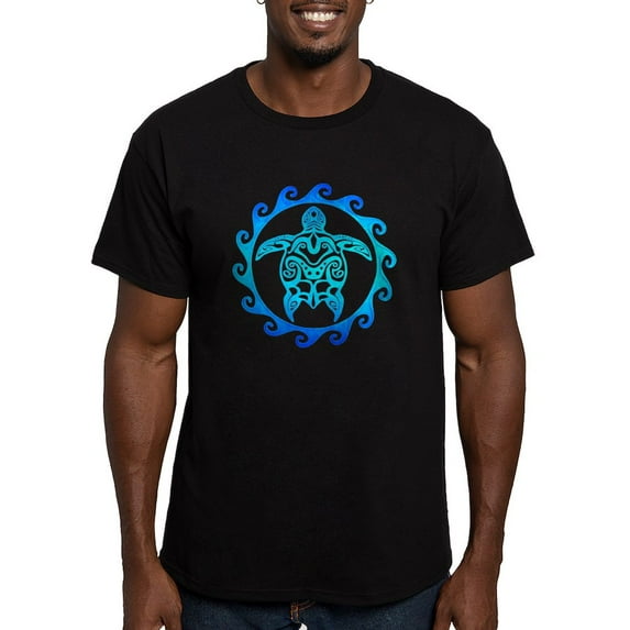 CafePress - Blue Tribal Turtle Sun T Shirt - Men's Fitted T-Shirt