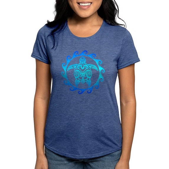 CafePress - Blue Tribal Turtle Sun T Shirt - Womens Tri-blend T-Shirt