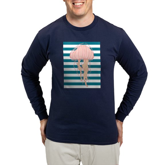 CafePress - Blue White Bold Stripes Hand Drawn Jellyfish Long - Long Sleeve Dark T-Shirt