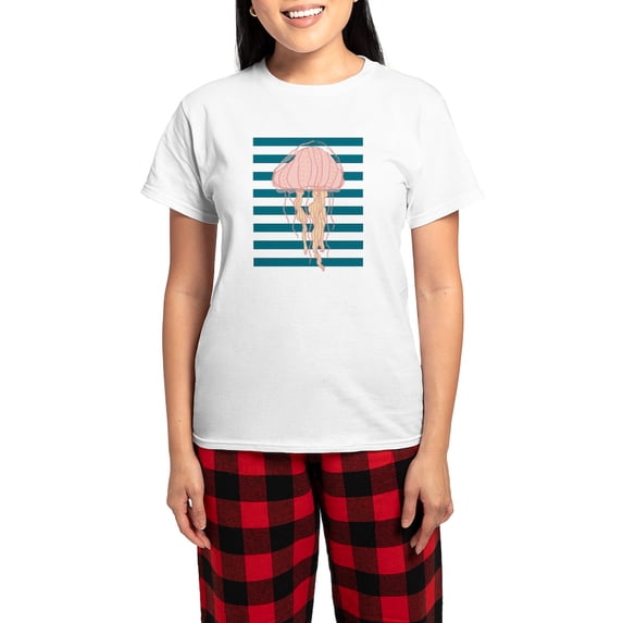 CafePress - Blue White Bold Stripes Hand Drawn Jellyfish Pajam - Women's Short Sleeve Print T-Shirt and Pants Light Cotton Pajama Set