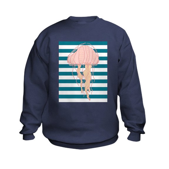 CafePress - Blue White Bold Stripes Hand Drawn Jellyfish Sweat - Kids Sweatshirt, Youth Crew Neck Sweatshirt