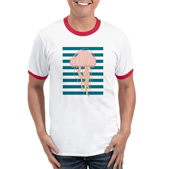 CafePress - Blue White Bold Stripes Hand Drawn Jellyfish T Shi - 100% Cotton Ringed T-Shirt