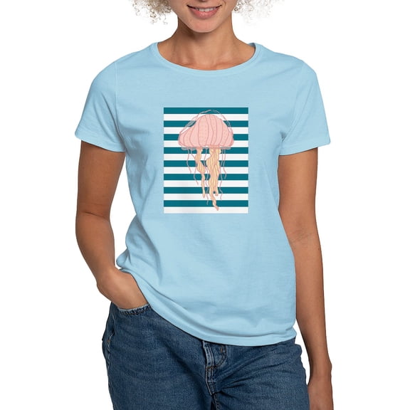 CafePress - Blue White Bold Stripes Hand Drawn Jellyfish T Shi - Women's Classic T-Shirt