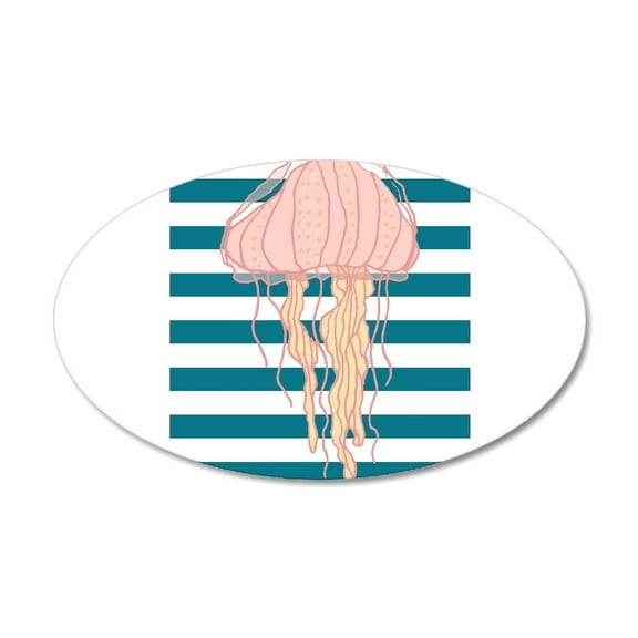 CafePress - Blue White Bold Stripes Hand Drawn Jellyfish Wall - 35x21 Oval Wall Decal