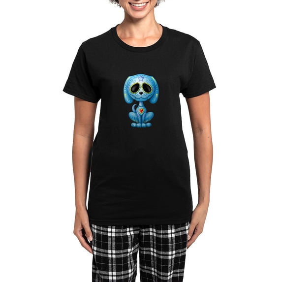 CafePress - Blue Zombie Sugar Skull Puppy Pajamas - Women's Short Sleeve Print T-Shirt and Pants Dark Cotton Pajama Set