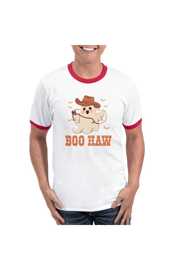 - Boo Haw: Playful Ghostly Design Men's Ringer T Shirt - 100% Cotton Ringed T-Shirt
