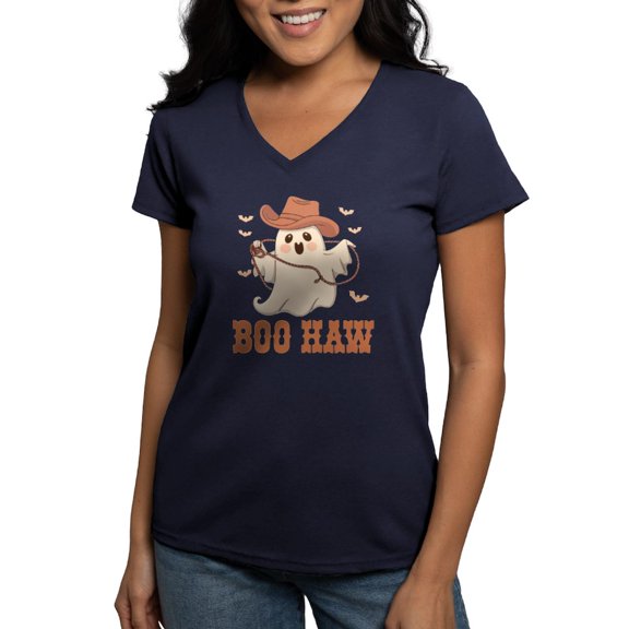 CafePress - Boo Haw: Playful Ghostly Design Women's V Neck T Shirt - Women's V-Neck Dark T-Shirt
