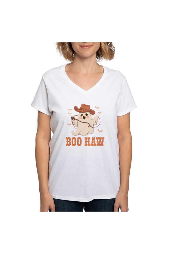 - Boo Haw: Playful Ghostly Design Women's V Neck T Shirt - Womens Cotton V-Neck T-shirt